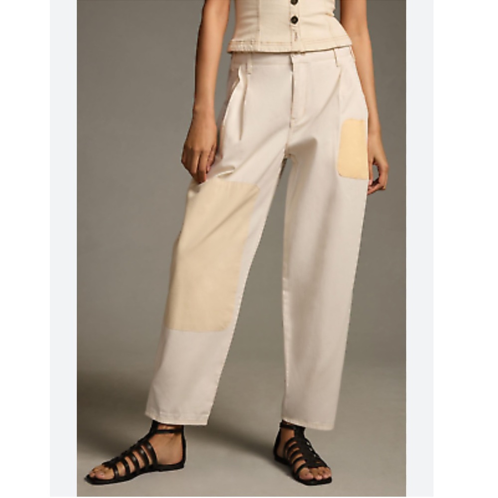 Anthropologie Pilcro Rolled Hem Utility Barrel Leg Pants Beige Patch Chinos NWT